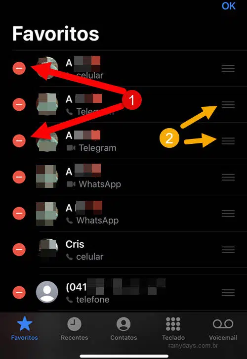 Remover contatos dos favoritos, organizar, app Telefone iPhone