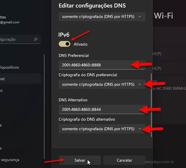 Alterar DNS IPv6 conexão Windows 11 DNS por HTTPS