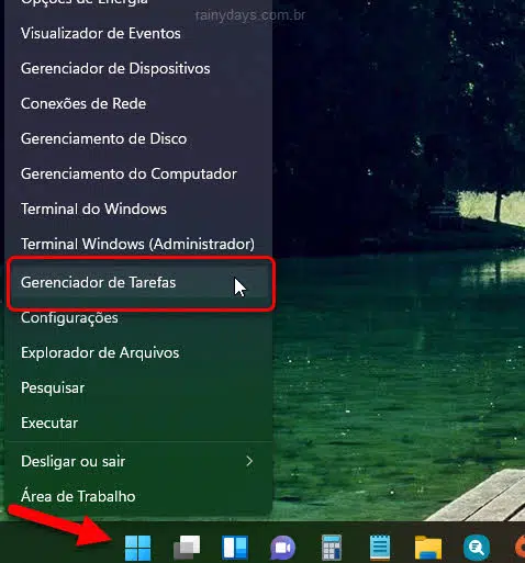 Clicar com botão direito do mouse no botão Iniciar Windows Gerenciador