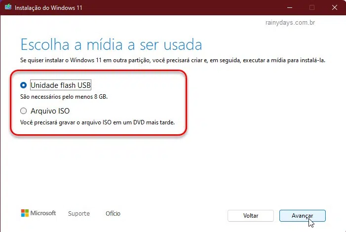 Criar unidade USB ou arquivo ISO Windows 11 Media Creation Tool