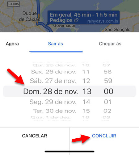 Data e horário de saída rotas do Mapas do Google
