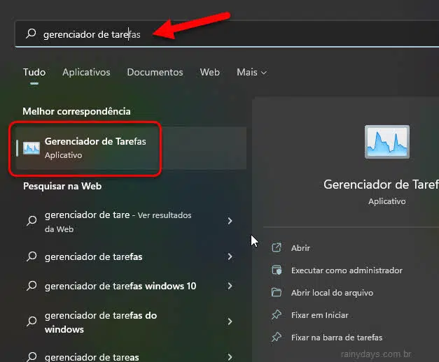 Pesquisar no iniciar do Windows 11 Gerenciador de Tarefas