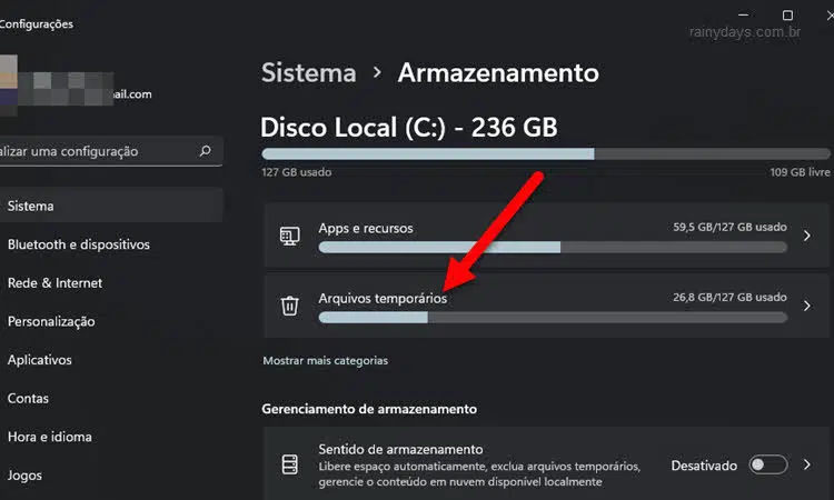 Sistema armazenamento arquivos temporários Windows 11
