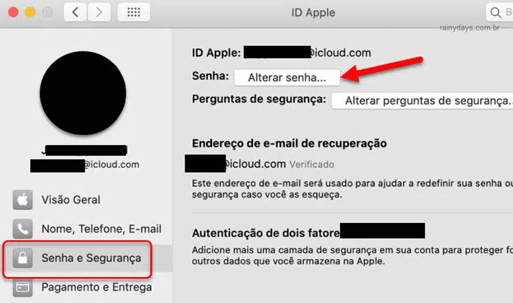 ID Apple Senha e Segurança alterar senha MAC