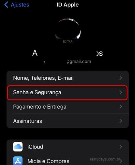 Ajustes Nome Senha e Segurança ID Apple conta iPhone