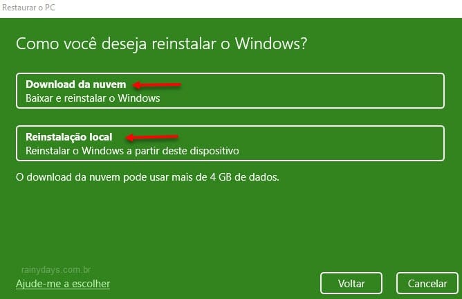 Como formatar e restaurar Windows download na nuvem ou reinstalação local