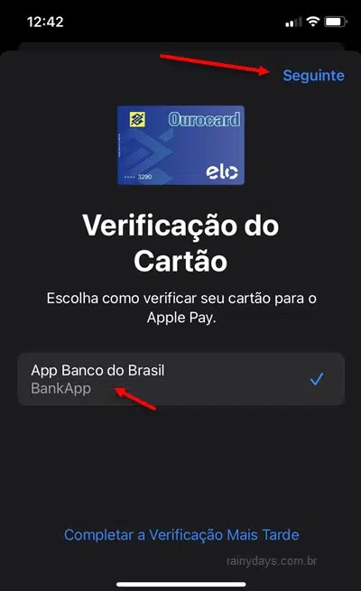 Verificar cartão do banco para adicionar no Apple Pay
