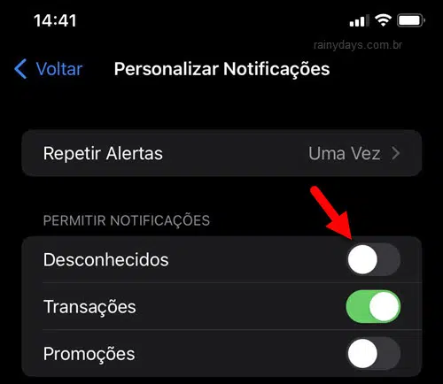 Personalizar notificações para desativar notificação de desconhecido iPhone