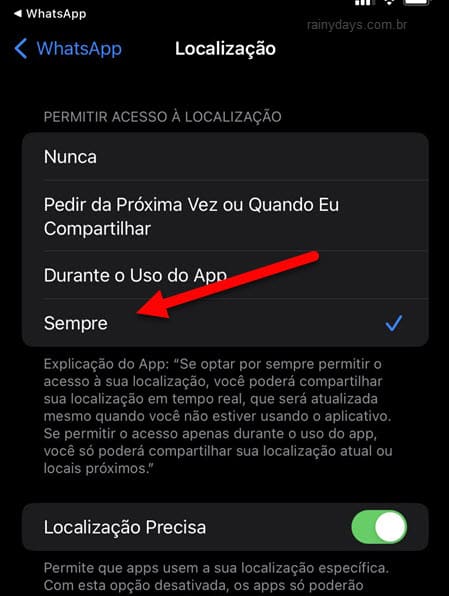 WgatsApp acessar localização sempre iPhone