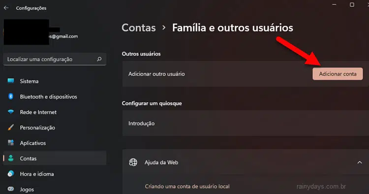 Adicionar conta de usuário pelas configurações Windows 11