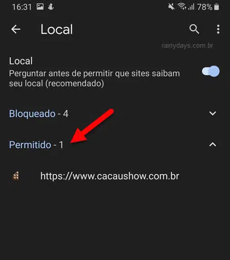 Sites com aesso à localização no Chrome Android