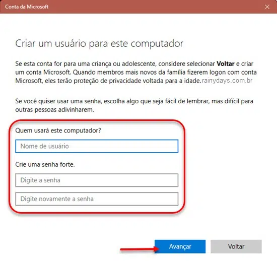 Criar uma conta de usuário local offline no Windows configurações