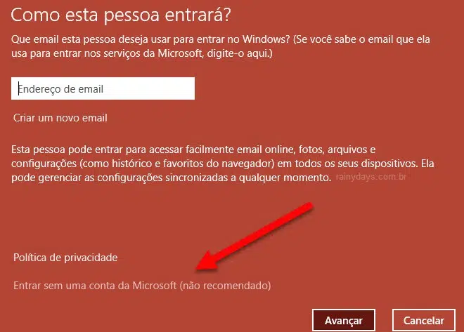 entrar em conta Microsoft não recomendado WIndows 11