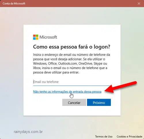 Não tenho informações de entrada da pessoa conta Windows