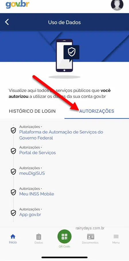 Privacidade autorizações serviços na conta Gov.br