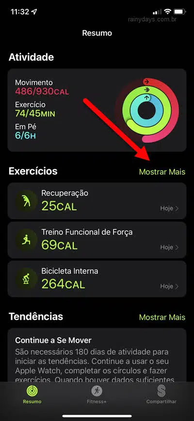 Exercícios mostrar mais app Fitness iPhone