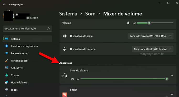Mixer de volume configurações Windows 11