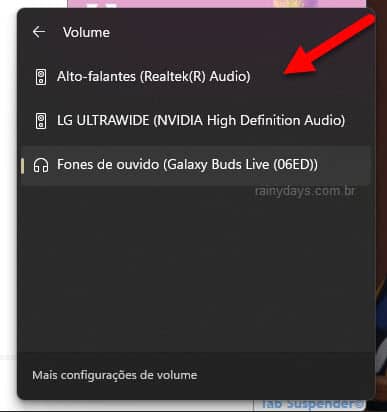 Mudar entre dispositivos de áudio no Windows 11 pelo volume