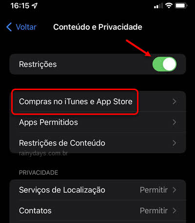 conteúdo e privacidade restrições Compras no iTunes e App Store iPhone