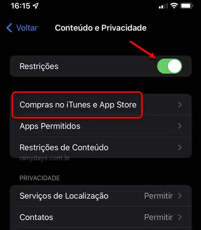 conteúdo e privacidade restrições Compras no iTunes e App Store iPhone