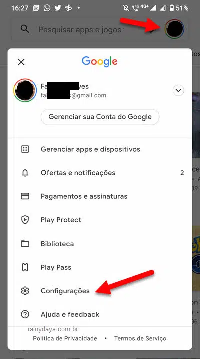 ícone foto configurações Google Play Store