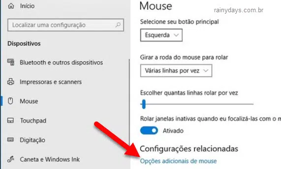 Opções adicionais de mouse Windows 10