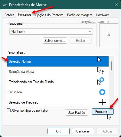 Propriedades de mouse ponteiros personalizar ícones Windows