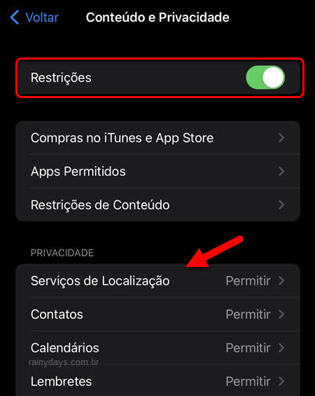 Restrições Serviços de Localização iPhone, proteger contra roubo