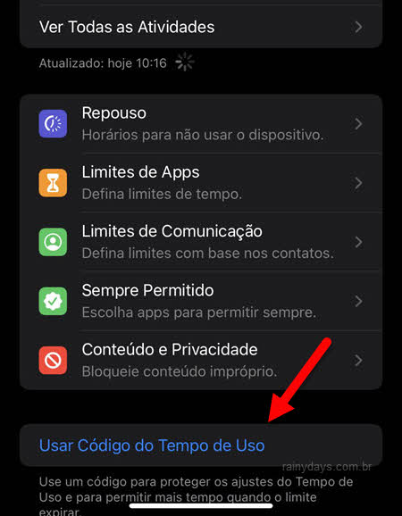 Usar código do Tempo de Uso Ajustes iPhone