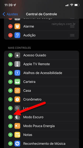 adicionar ícone modo escuro na Central de Controle iPhone