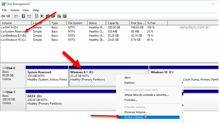 Gerenciamento de disco Excluir volume de sistema windows antigo dual boot