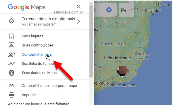 ícone três traços Compartilhar local Google Maps no navegador