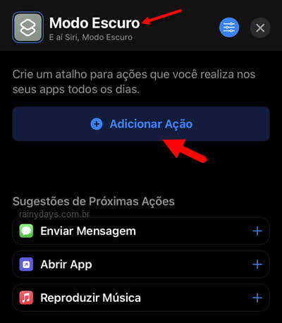 nome atalho e adicionar ação app Atalhos iPhone