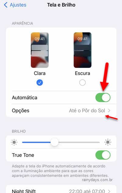 Tela e Brilho aparência automática Clara Escura iPhone