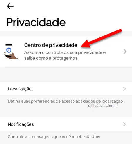 Centro de privacidade app Uber