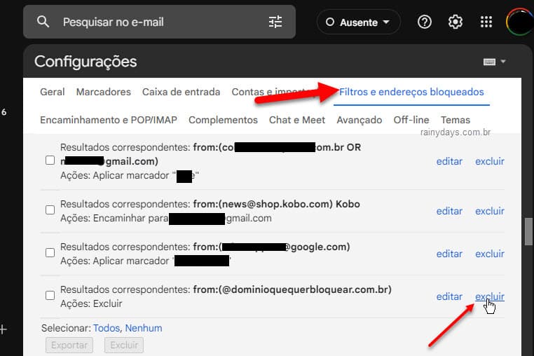 Desbloquear e-mail bloqueado no Gmail, excluir filtro de exclusão de domínios
