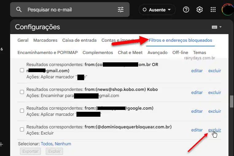 Desbloquear e-mail bloqueado no Gmail, excluir filtro de exclusão de domínios