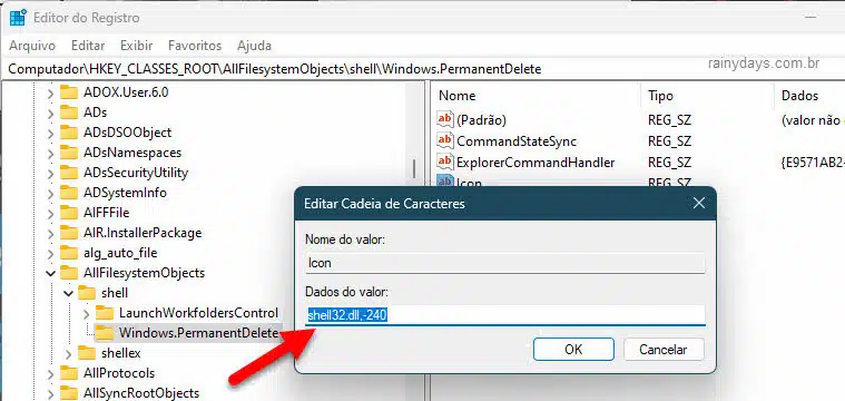 Adicionar ícone Excluir Permanentemente Editor de Registro Menu de Contexto Windows