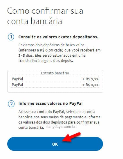 Confirmar conta bancária no PayPal, depósitos de valores