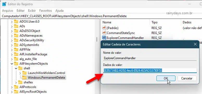 Editar ExplorerCommandHandler registro para adicionar Excluir Permanentemente menu de contexto Windows