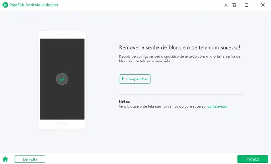 Remoção de senha de bloqueio concluída com sucesso.
