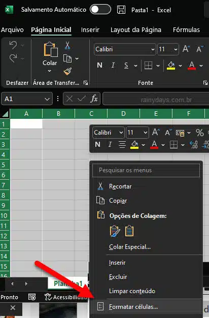 botão direito mouse formatar célular Excel