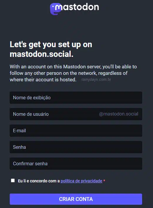 Cadastro nome usuário e-mail Mastodon