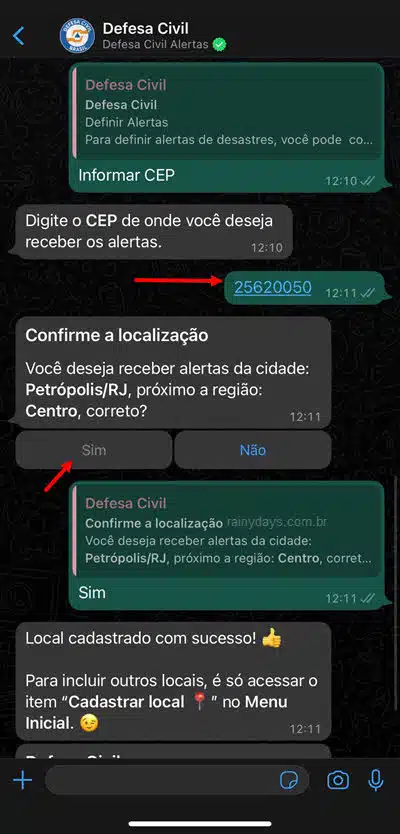 Cadastro sucesso receber alertas da Defesa Civil Nacional no WhatsApp