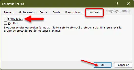 Formatar células Proteção Bloqueadas Excel