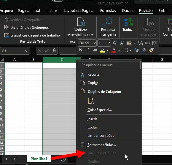 menu botao direito Largura da Coluna bloqueada Excel