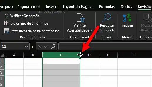 Seta dupla para alteração do tamanho da coluna e linha Excel