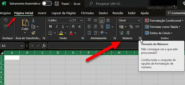 setinha formato do número guia página inicial Excel