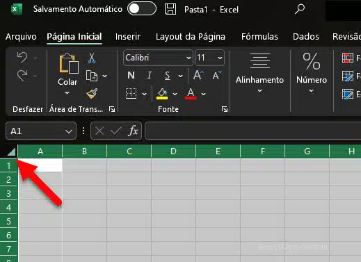 Triângulo, selecionar todas as células da planilha Excel