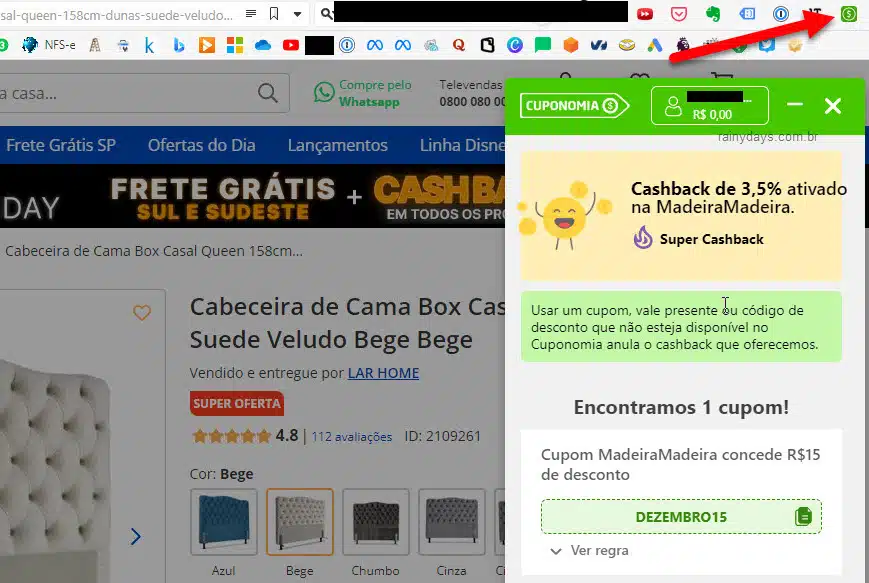Cashback ativado na extensão Cuponomia para ganhar dinheiro de volta na compra online